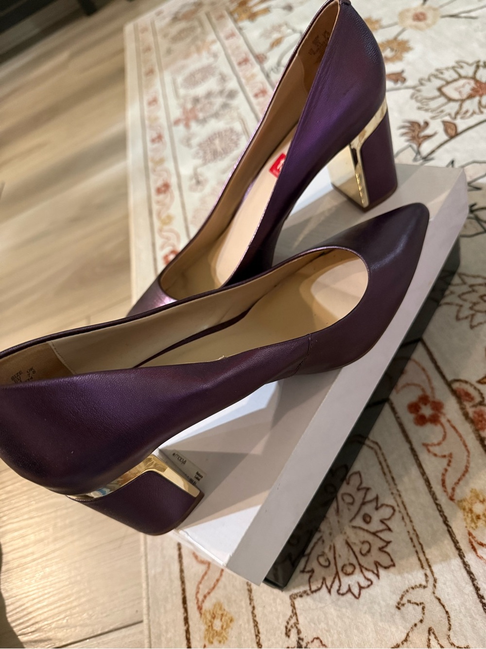 DKNYC Purple Block Heel Pumps with Gold Accent